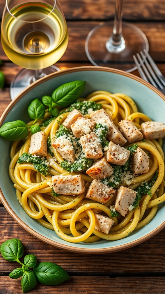 Creamy pesto chicken pasta with Parmesan and basil on a rustic wooden table.